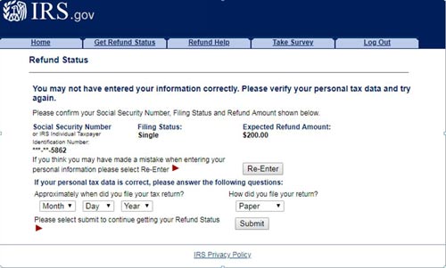 Herramienta del IRS avisando que la información no coincide y hay que volver a verificar los datos